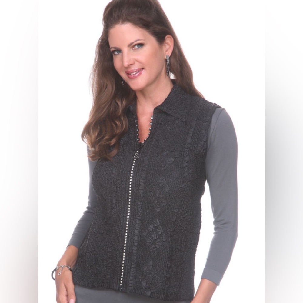 Fits S to L rhinestone crystal zipper black vest